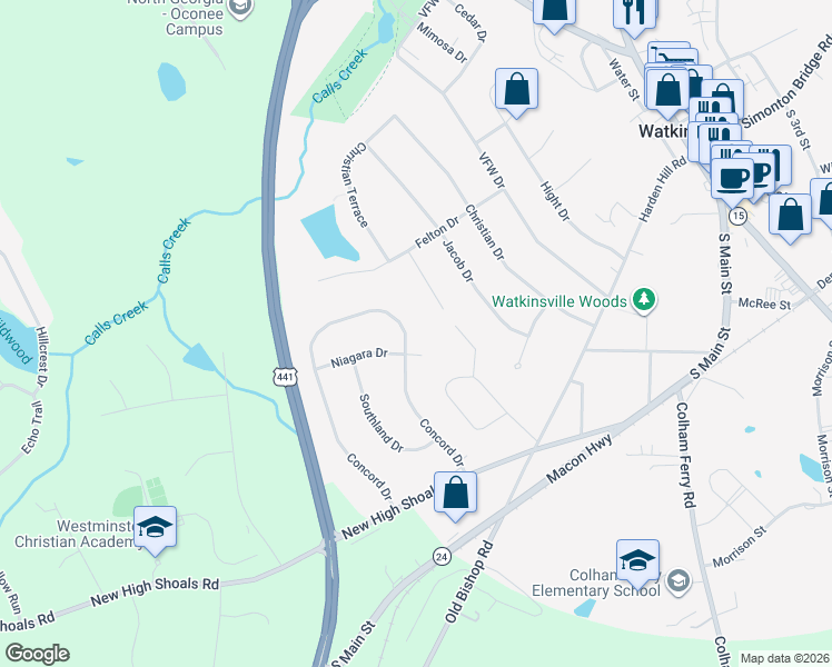 map of restaurants, bars, coffee shops, grocery stores, and more near 202 Concord Drive in Watkinsville