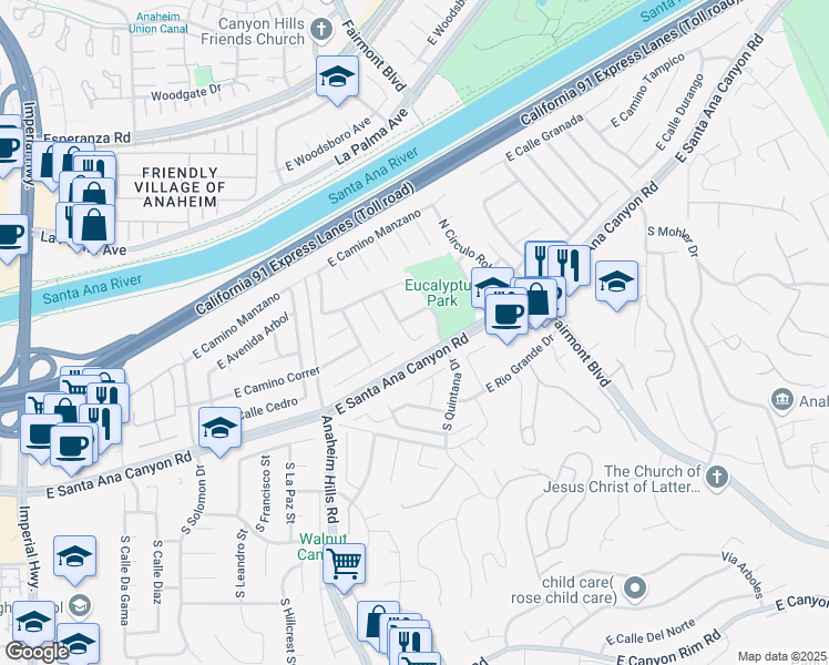 map of restaurants, bars, coffee shops, grocery stores, and more near 6179 East Paseo Rio Verde in Anaheim