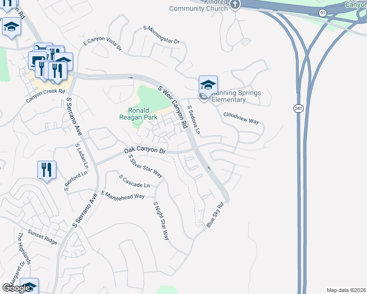 map of restaurants, bars, coffee shops, grocery stores, and more near 850 South Country Glen Way in Anaheim
