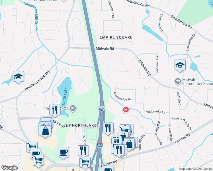 map of restaurants, bars, coffee shops, grocery stores, and more near 3490 Castlehill Court in Tucker