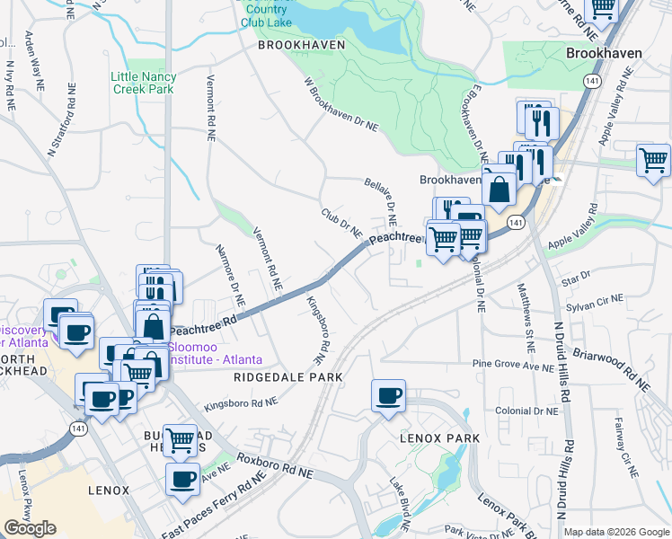 map of restaurants, bars, coffee shops, grocery stores, and more near in Atlanta