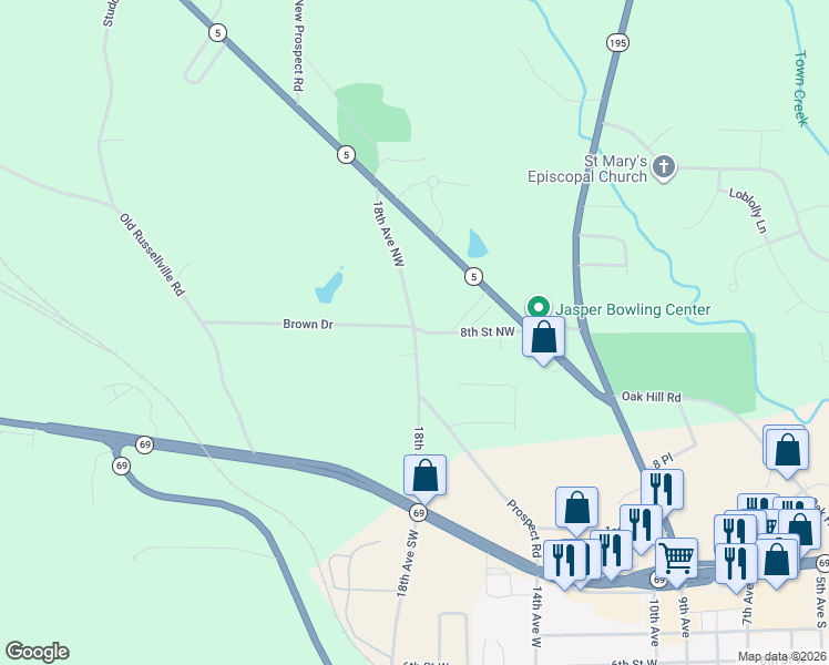 map of restaurants, bars, coffee shops, grocery stores, and more near 1710 8th Street Northwest in Jasper