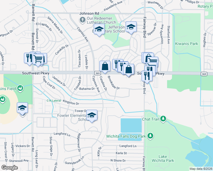 map of restaurants, bars, coffee shops, grocery stores, and more near 4714 Brookdale Drive in Wichita Falls