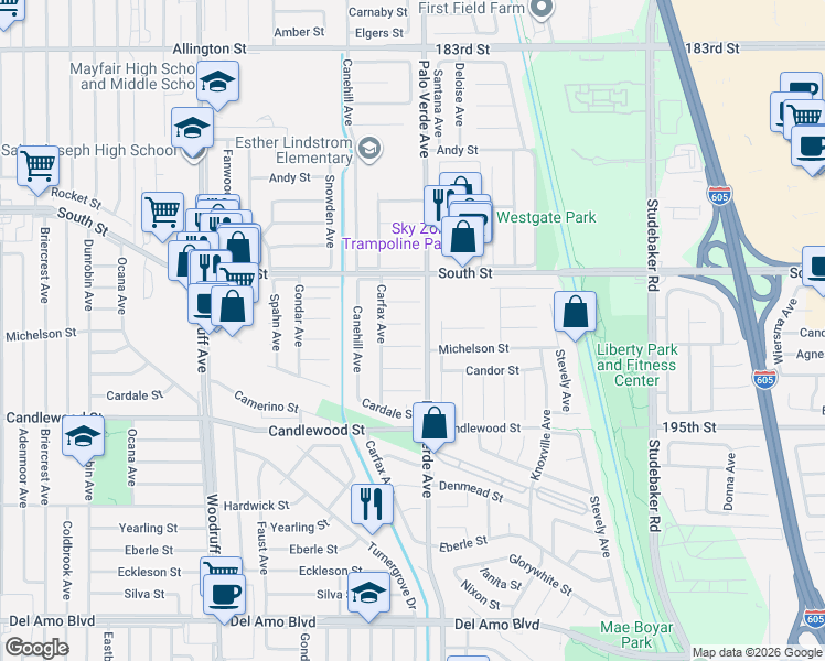 map of restaurants, bars, coffee shops, grocery stores, and more near 6332 Bigelow Street in Lakewood