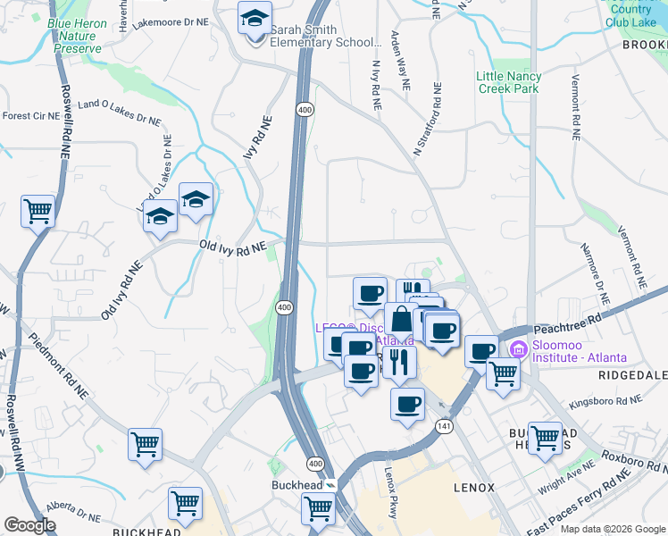 map of restaurants, bars, coffee shops, grocery stores, and more near 610 Longleaf Drive Northeast in Atlanta