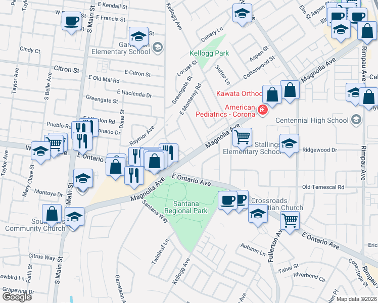 map of restaurants, bars, coffee shops, grocery stores, and more near 547 Magnolia Avenue in Corona