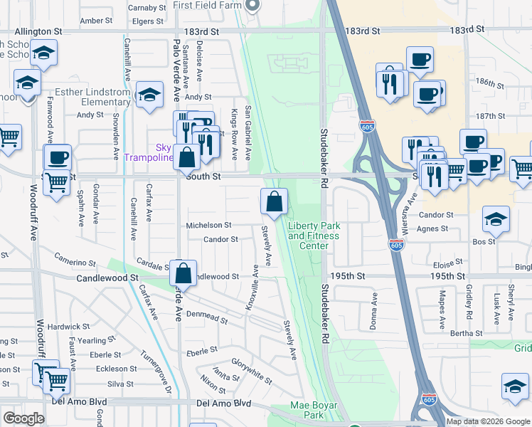 map of restaurants, bars, coffee shops, grocery stores, and more near 5448 Stevely Avenue in Lakewood