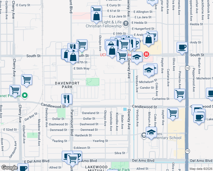map of restaurants, bars, coffee shops, grocery stores, and more near 3112 Lamar Court in Lakewood