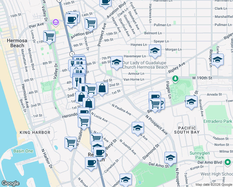 map of restaurants, bars, coffee shops, grocery stores, and more near 1206 1st Street in Hermosa Beach