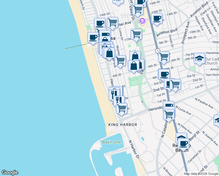 map of restaurants, bars, coffee shops, grocery stores, and more near 420 The Strand in Hermosa Beach
