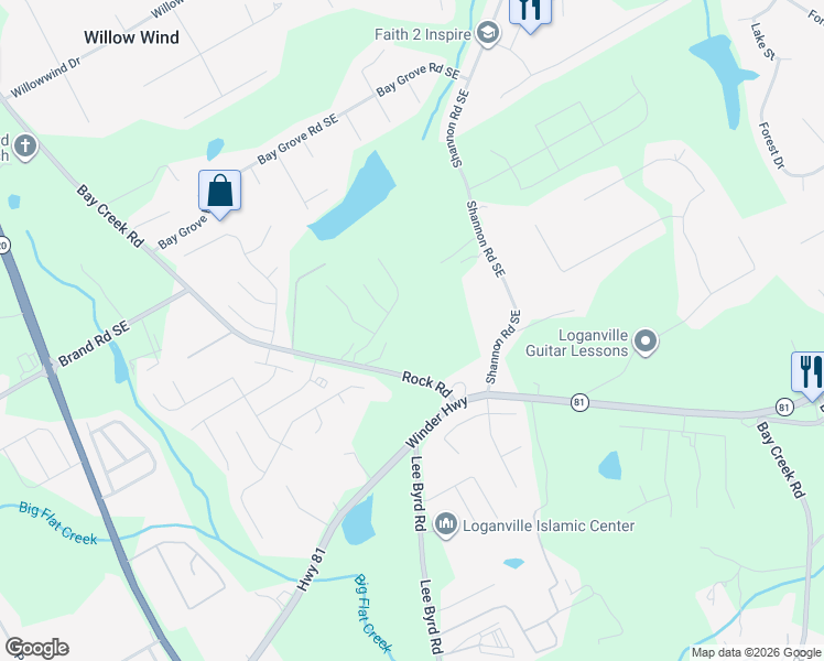map of restaurants, bars, coffee shops, grocery stores, and more near 3555 Rock Road in Loganville