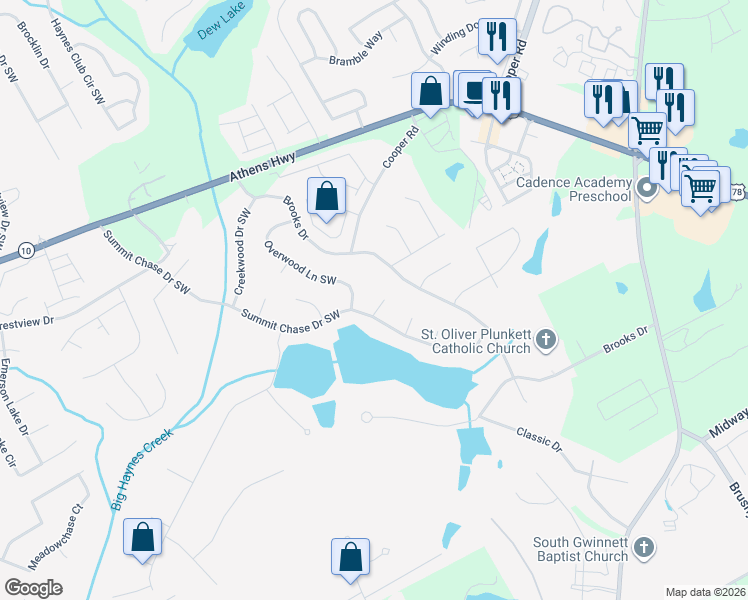 map of restaurants, bars, coffee shops, grocery stores, and more near 3149 Fairview Drive Southwest in Snellville