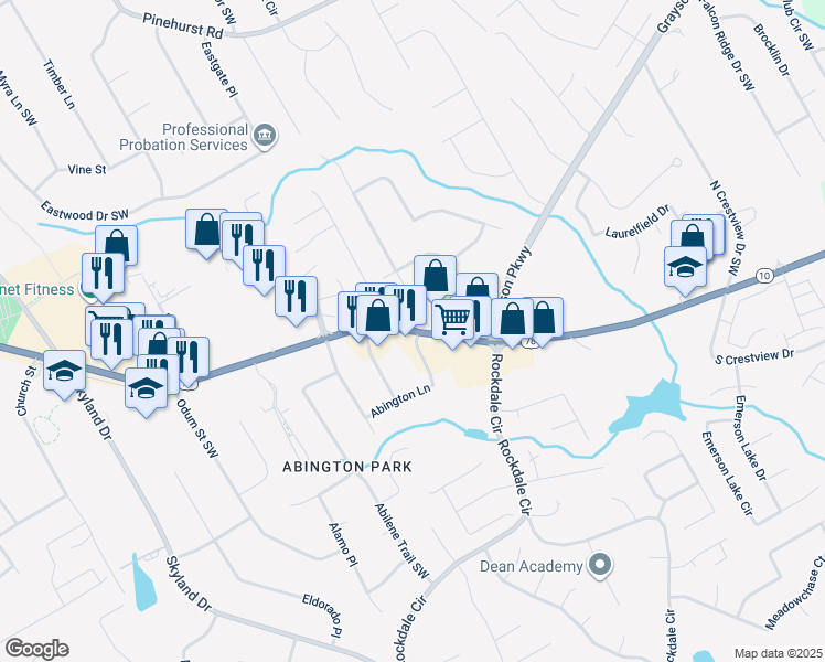 map of restaurants, bars, coffee shops, grocery stores, and more near 1976 Main Street East in Snellville