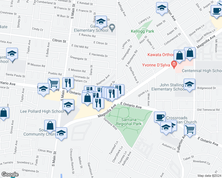 map of restaurants, bars, coffee shops, grocery stores, and more near 2151 Beatrice Drive in Corona