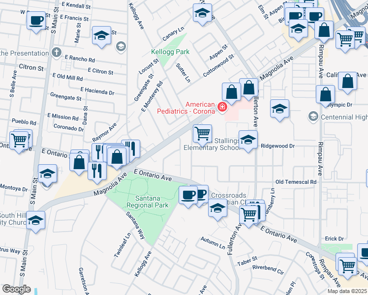 map of restaurants, bars, coffee shops, grocery stores, and more near 2051 Wren Avenue in Corona