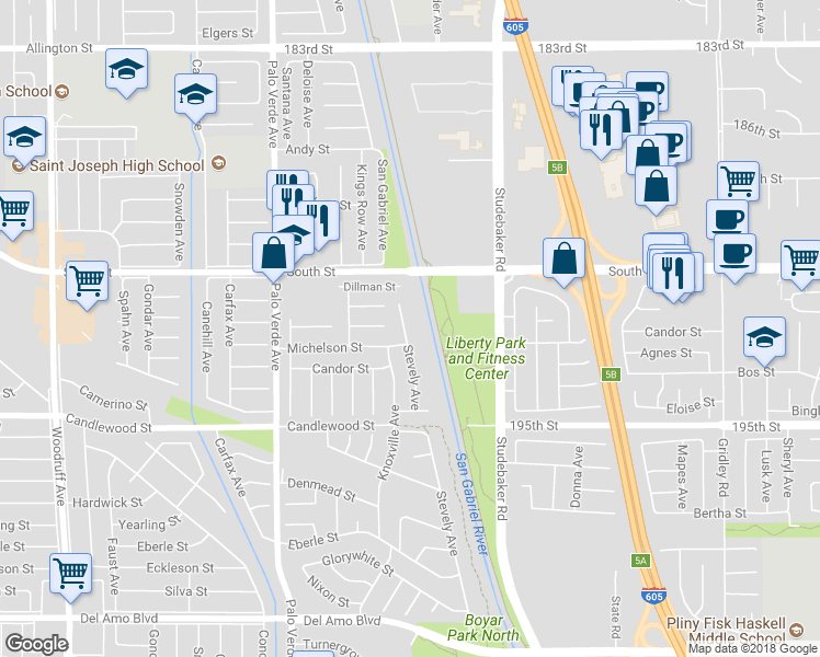 map of restaurants, bars, coffee shops, grocery stores, and more near 5448 Stevely Avenue in Lakewood