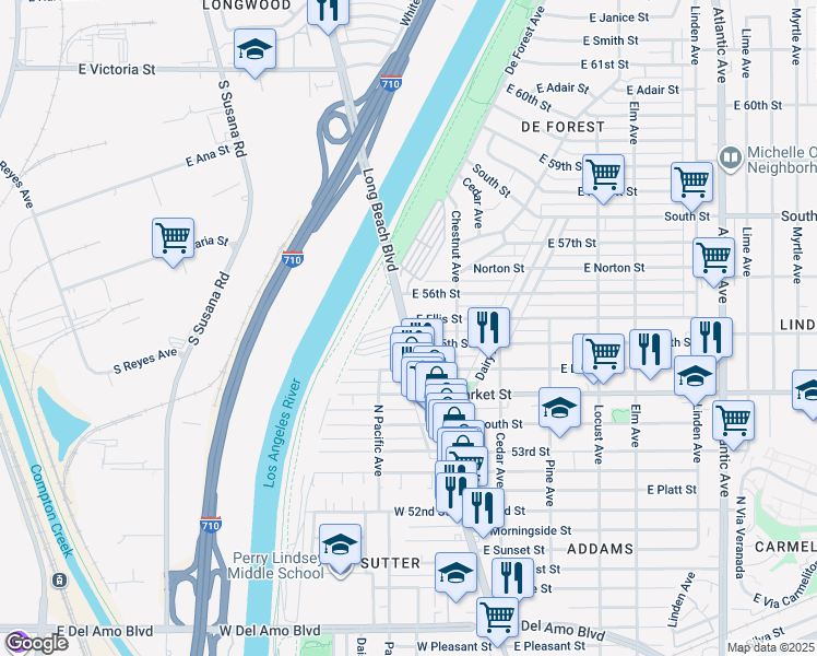 map of restaurants, bars, coffee shops, grocery stores, and more near 5530 Long Beach Blvd in Long Beach