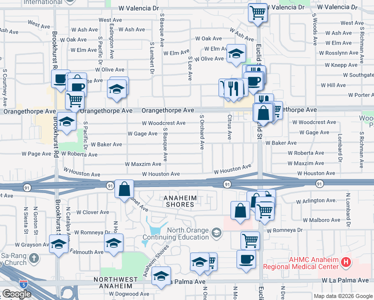 map of restaurants, bars, coffee shops, grocery stores, and more near 1307 West Roberta Avenue in Fullerton