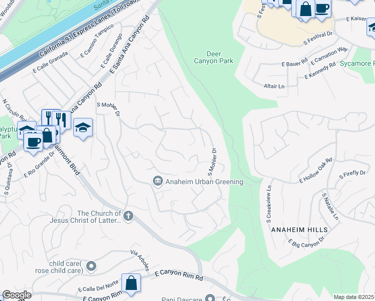 map of restaurants, bars, coffee shops, grocery stores, and more near 312 South Penny Lane in Anaheim