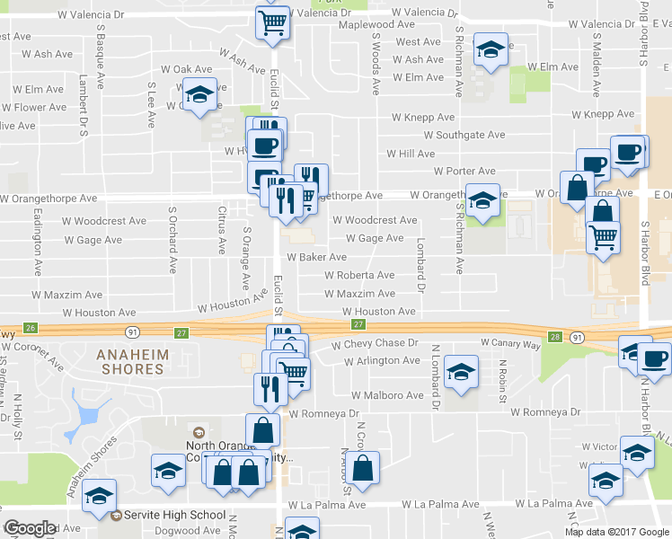 map of restaurants, bars, coffee shops, grocery stores, and more near 737 West Roberta Avenue in Fullerton
