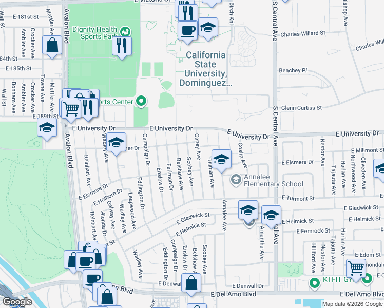 map of restaurants, bars, coffee shops, grocery stores, and more near 19226 Scobey Avenue in Carson