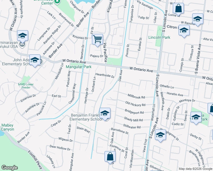 map of restaurants, bars, coffee shops, grocery stores, and more near 2361 Vía Pacifica in Corona