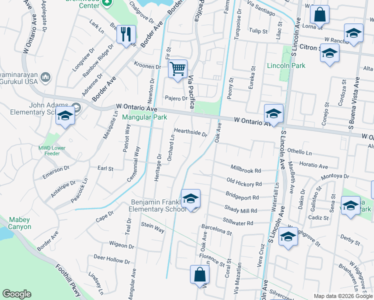 map of restaurants, bars, coffee shops, grocery stores, and more near 2361 Vía Pacifica in Corona