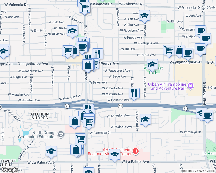 map of restaurants, bars, coffee shops, grocery stores, and more near 737 West Roberta Avenue in Fullerton