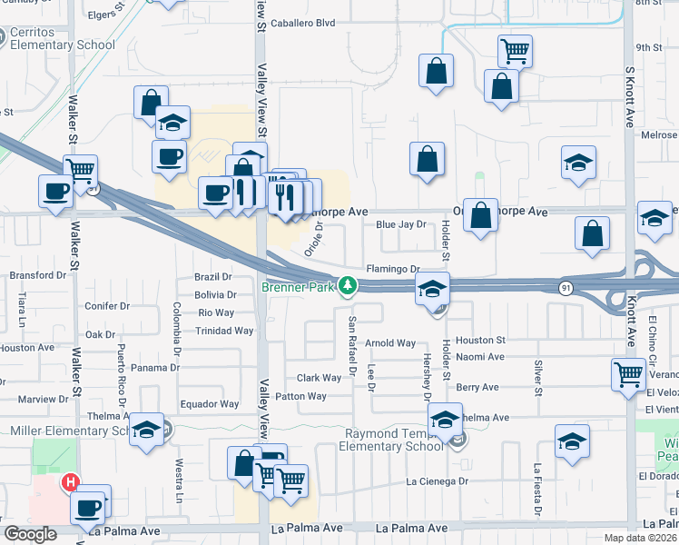 map of restaurants, bars, coffee shops, grocery stores, and more near 6254 Flamingo Drive in Buena Park