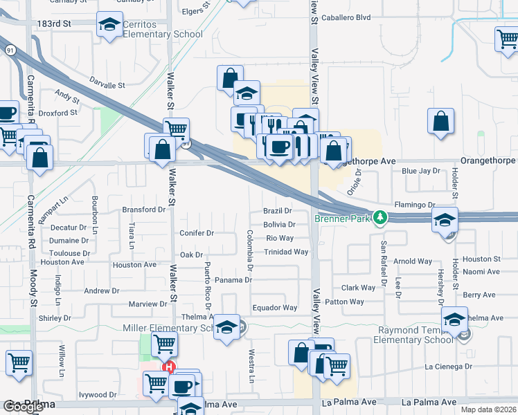 map of restaurants, bars, coffee shops, grocery stores, and more near 7341 Argentina Circle in Buena Park