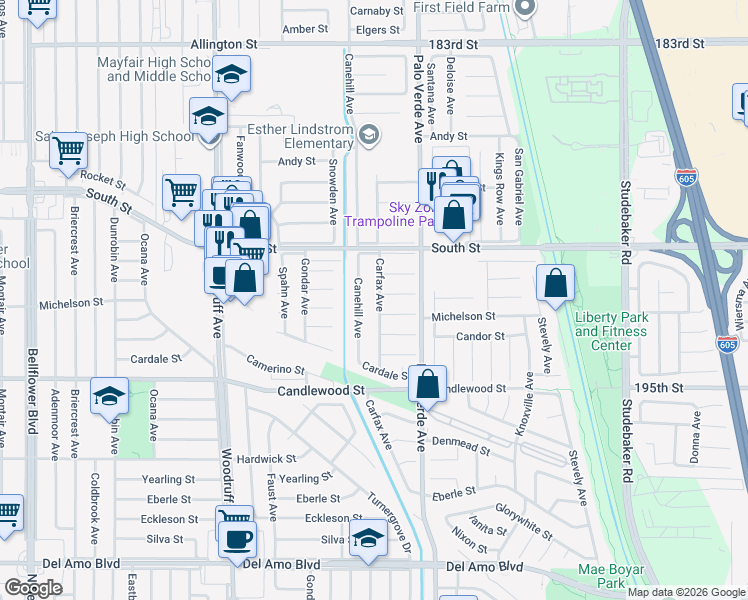 map of restaurants, bars, coffee shops, grocery stores, and more near 5444 Carfax Avenue in Lakewood
