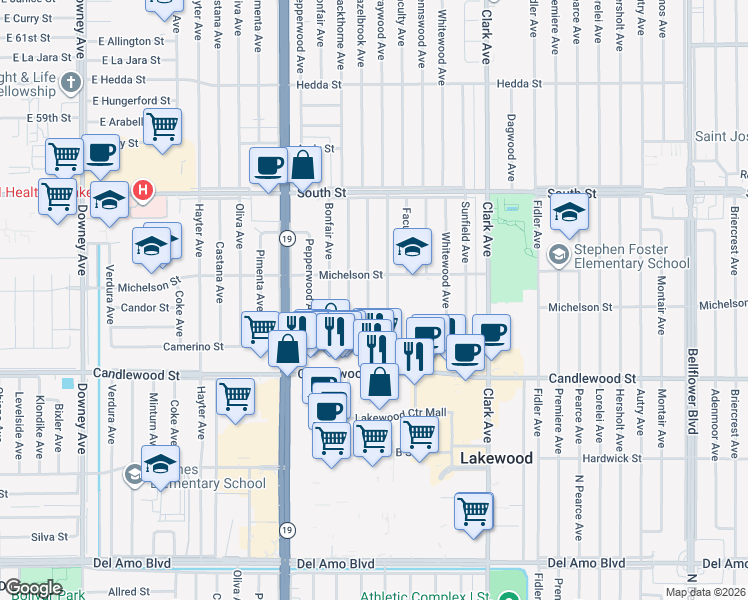 map of restaurants, bars, coffee shops, grocery stores, and more near 5513 Graywood Avenue in Lakewood