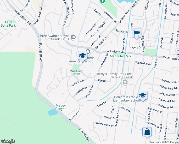 map of restaurants, bars, coffee shops, grocery stores, and more near 2438 Emerson Drive in Corona