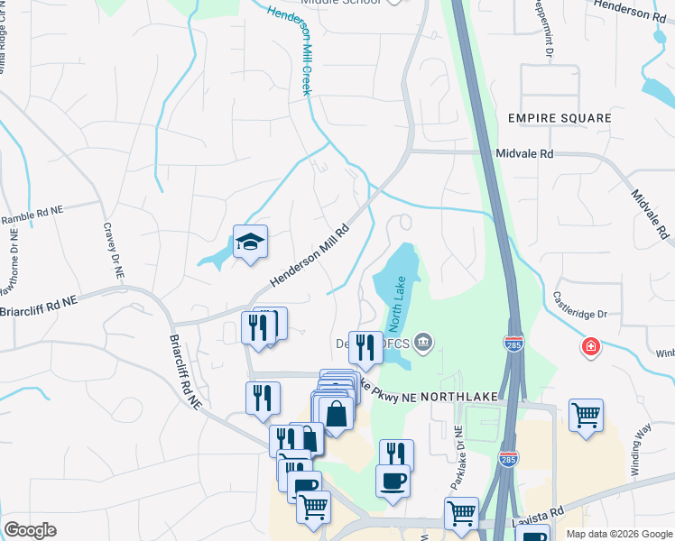 map of restaurants, bars, coffee shops, grocery stores, and more near 2411 Henderson Mill Court in Atlanta