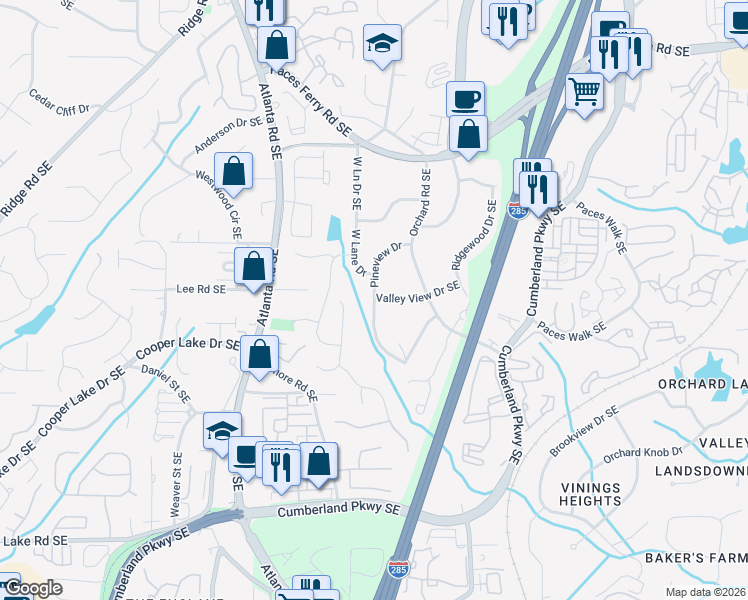 map of restaurants, bars, coffee shops, grocery stores, and more near 3980 Pineview Drive in Smyrna