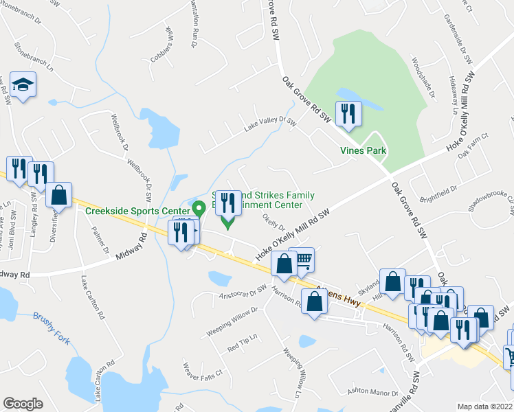 map of restaurants, bars, coffee shops, grocery stores, and more near 3498 Okelly Drive in Loganville