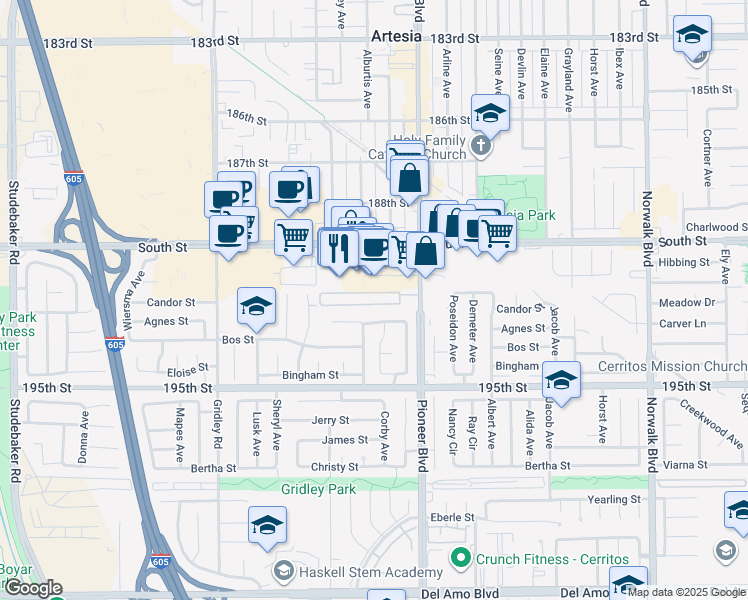 map of restaurants, bars, coffee shops, grocery stores, and more near 19127 Pioneer Boulevard in Artesia
