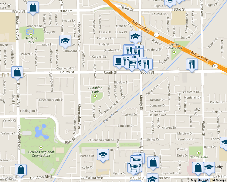 map of restaurants, bars, coffee shops, grocery stores, and more near 19133 Pires Avenue in Cerritos