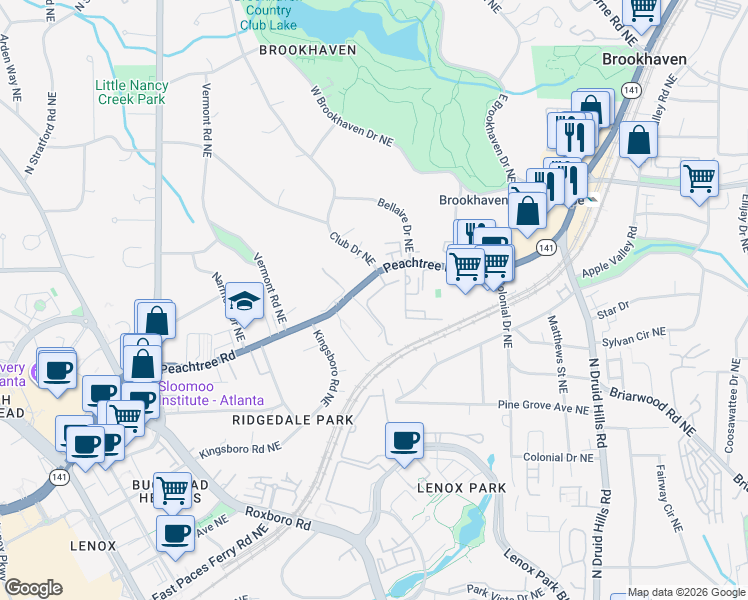 map of restaurants, bars, coffee shops, grocery stores, and more near 3777 Peachtree Road Northeast in Atlanta