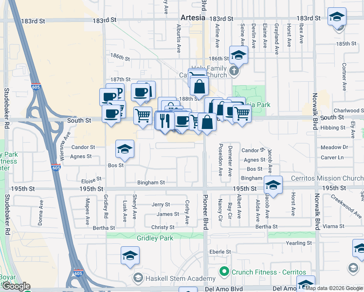 map of restaurants, bars, coffee shops, grocery stores, and more near 19127 Pioneer Boulevard in Artesia