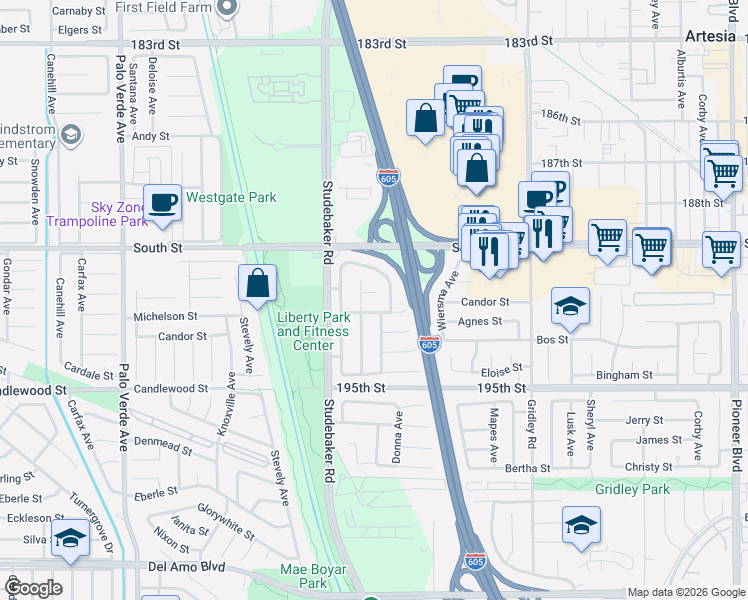 map of restaurants, bars, coffee shops, grocery stores, and more near 11056 Bigelow Circle in Cerritos