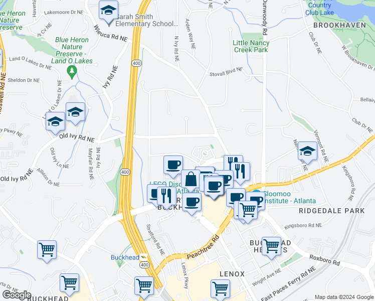 map of restaurants, bars, coffee shops, grocery stores, and more near 696 Longleaf Drive Northeast in Atlanta