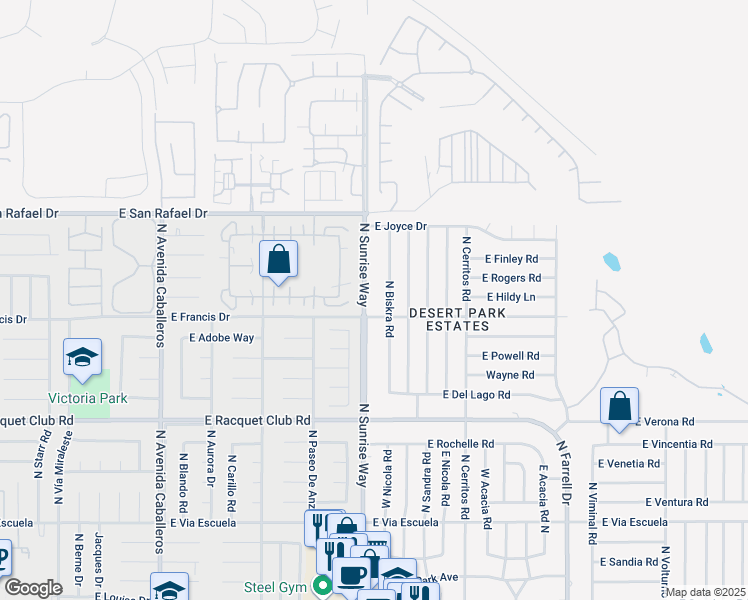 map of restaurants, bars, coffee shops, grocery stores, and more near 2932 North Sunrise Way in Palm Springs