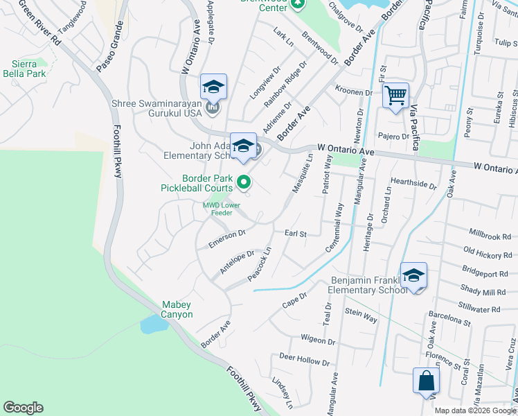 map of restaurants, bars, coffee shops, grocery stores, and more near 2438 Emerson Drive in Corona