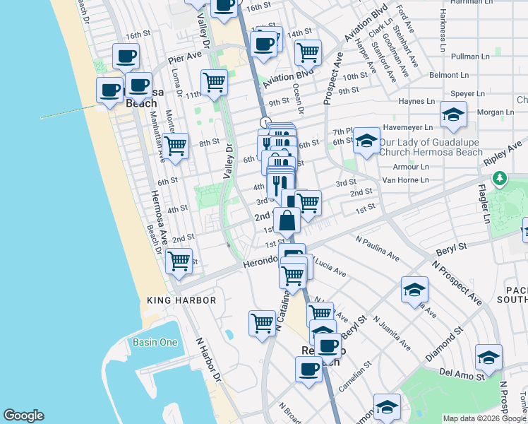 map of restaurants, bars, coffee shops, grocery stores, and more near 647 2nd Street in Hermosa Beach