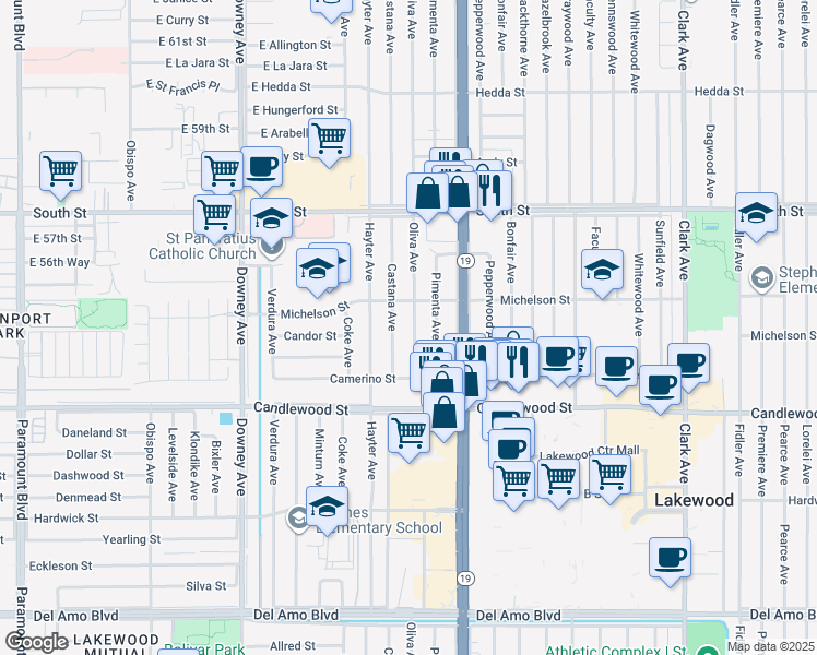 map of restaurants, bars, coffee shops, grocery stores, and more near 5513 Oliva Ave in Lakewood
