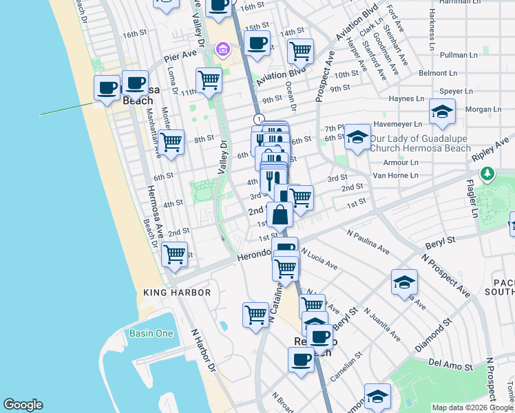 map of restaurants, bars, coffee shops, grocery stores, and more near 655 2nd Street in Hermosa Beach