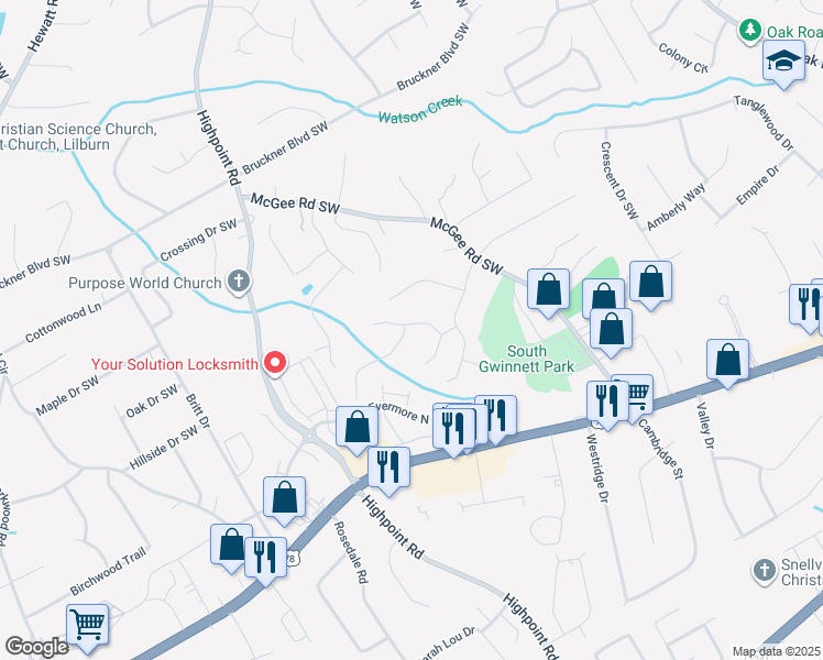 map of restaurants, bars, coffee shops, grocery stores, and more near 1931 Ashwood Grove Drive in Snellville