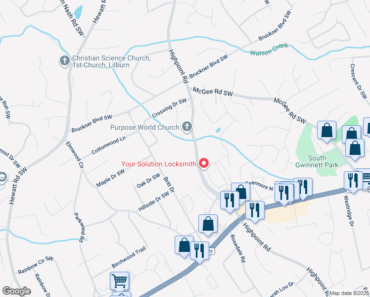 map of restaurants, bars, coffee shops, grocery stores, and more near 1925 Highpoint Road in Snellville
