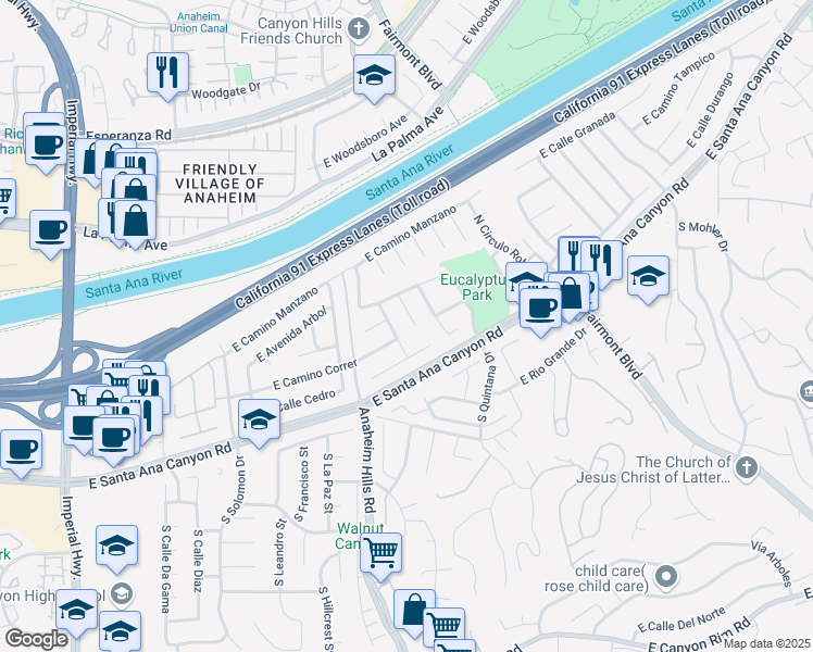 map of restaurants, bars, coffee shops, grocery stores, and more near 151 North Paseo Rio Moreno in Anaheim